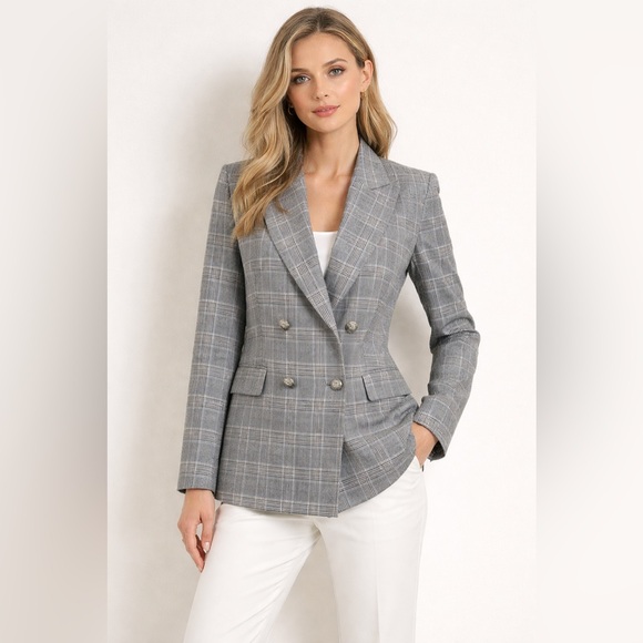Zara Jackets & Blazers - Zara Basic Collection Gray Checkered Micro Plaid Double-Breasted Blazer Size L